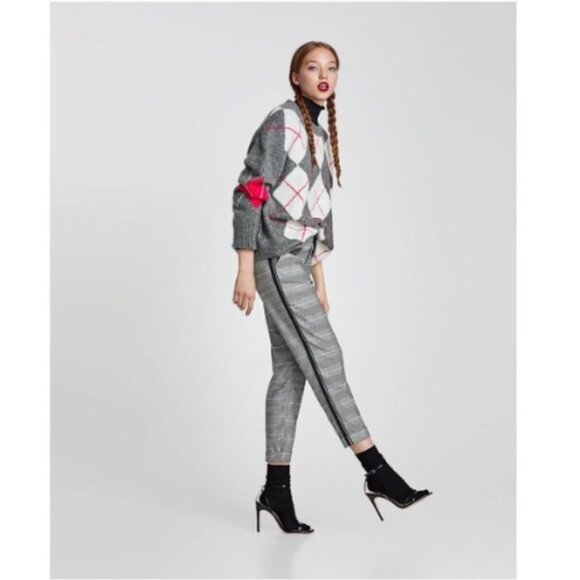 Zara Gray Glen Plaid Check Trouser Pants Side Stripe Ankle Cropped Size Small - Picture 1 of 15